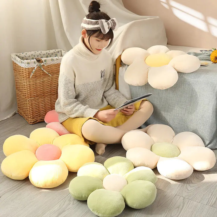 Stylish and Comfortable Flower-Shaped Cushion - Floral Bliss-Yellow-Pink-21.65 in-Nora Luxe