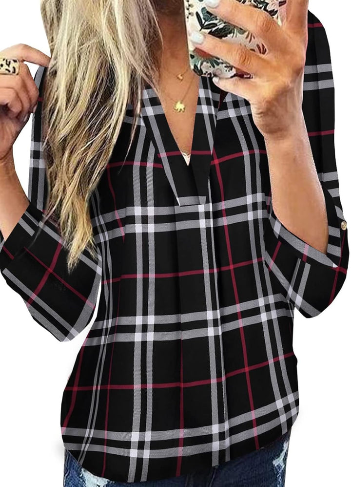 Stylish Casual Checked Ladies' Blouse - Lara-Black-S-Nora Luxe