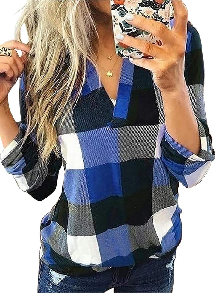 Stylish Casual Checked Ladies' Blouse - Lara-Blue-S-Nora Luxe