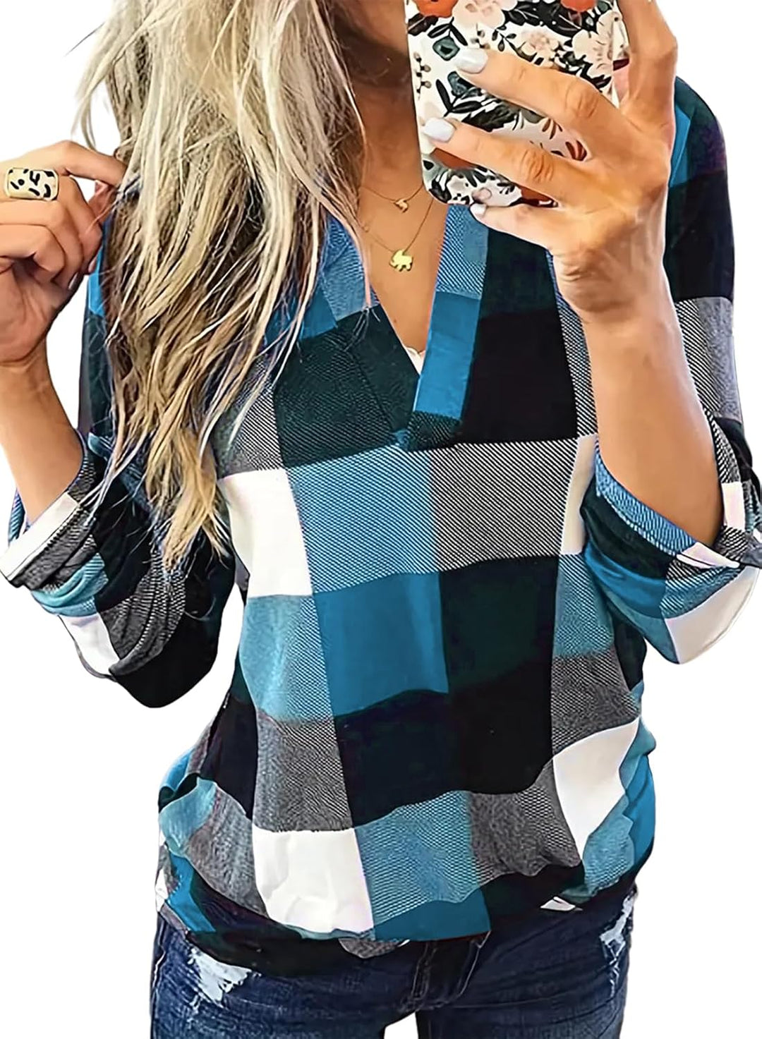 Stylish Casual Checked Ladies' Blouse - Lara-Light Blue-S-Nora Luxe