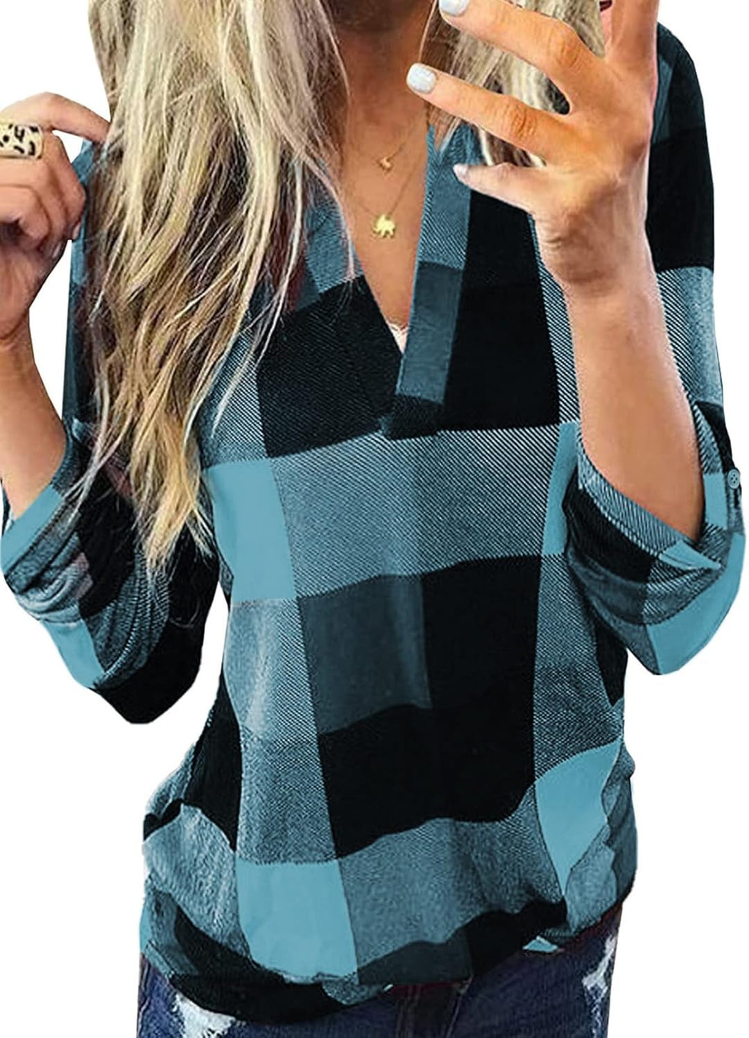 Stylish Casual Checked Ladies' Blouse - Lara-Light Blue/Black-S-Nora Luxe