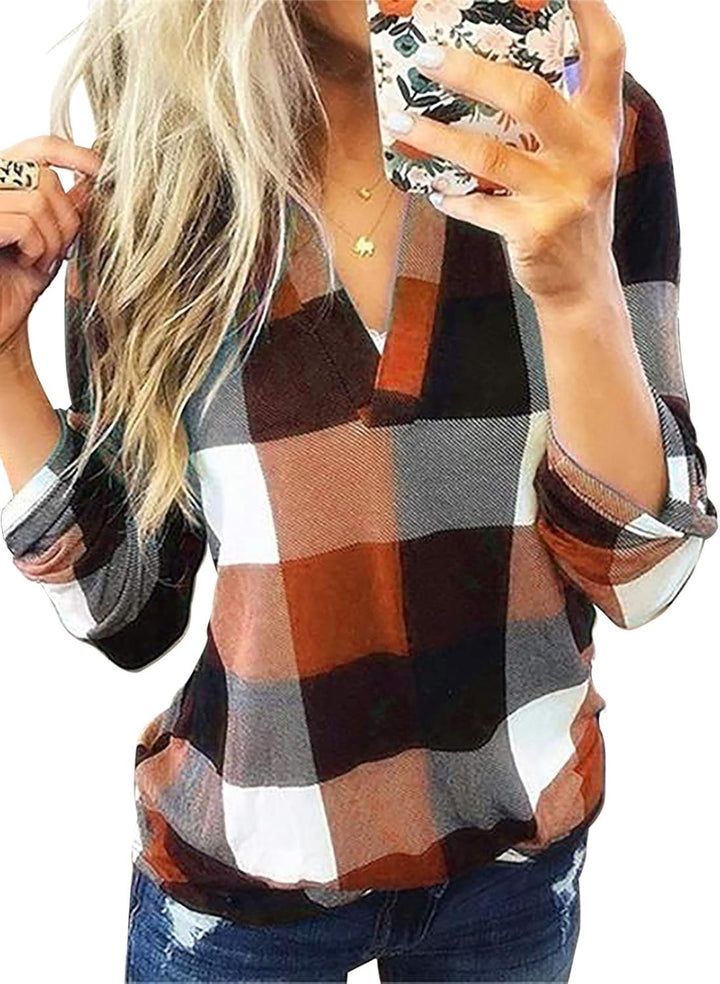 Stylish Casual Checked Ladies' Blouse - Lara-Orange-S-Nora Luxe