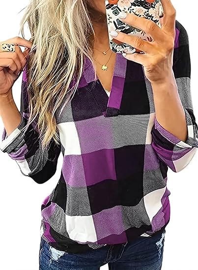 Stylish Casual Checked Ladies' Blouse - Lara-Purple-S-Nora Luxe