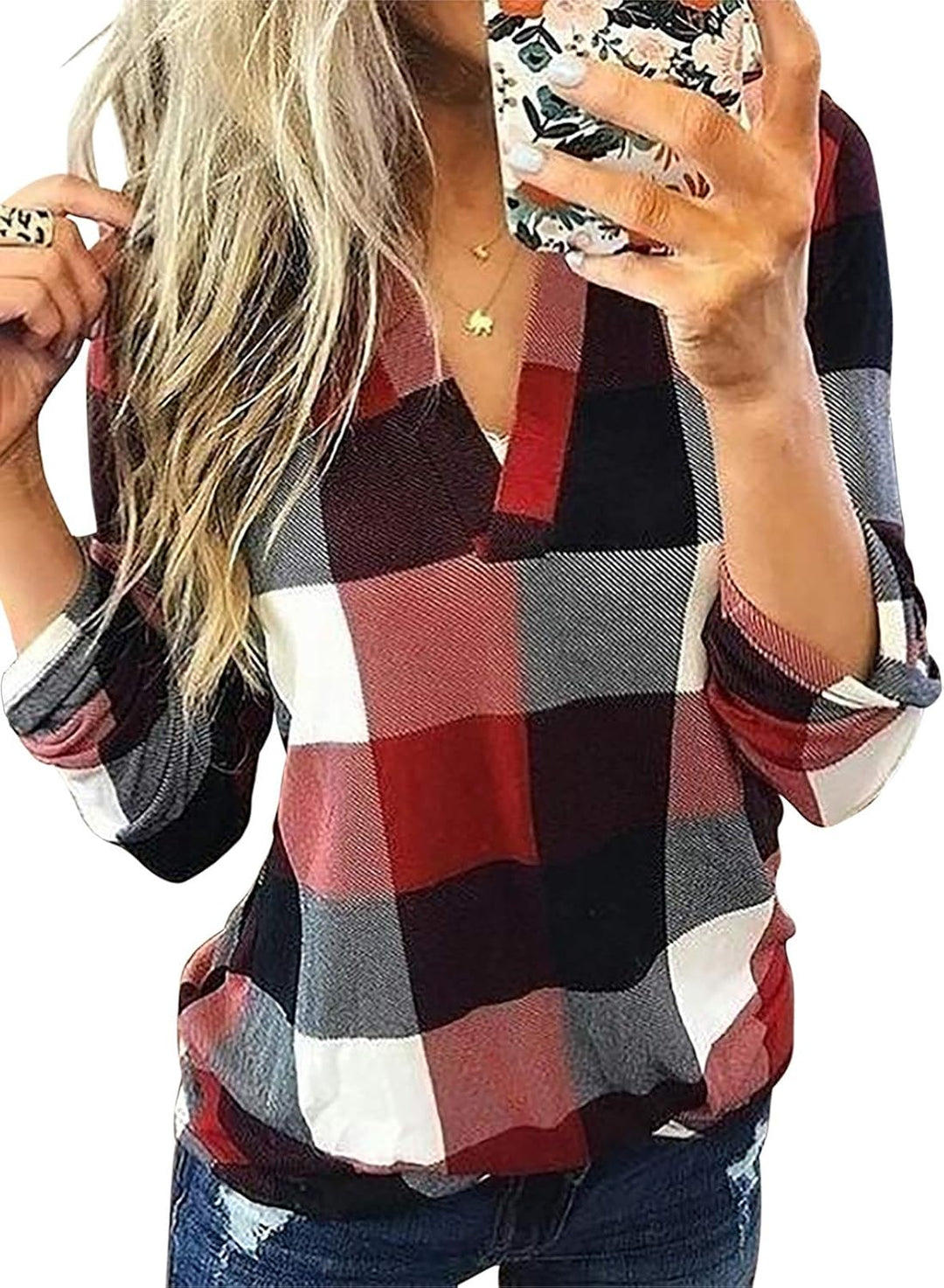Stylish Casual Checked Ladies' Blouse - Lara-Red-S-Nora Luxe