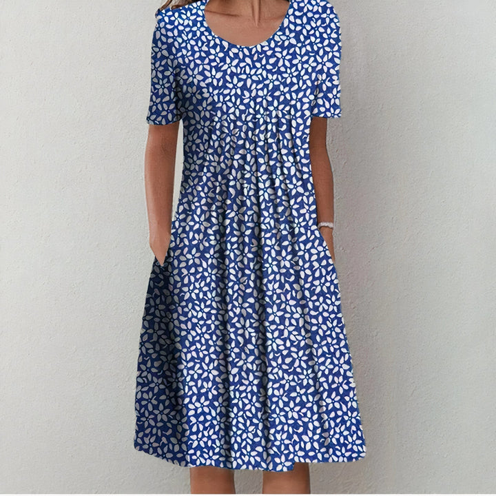 Stylish Cotton Dress - Lina-Blue with flowers-S-Nora Luxe