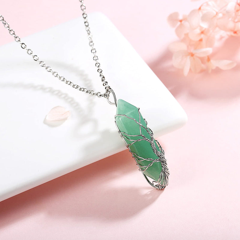 Stylish Crystal with Tree of Life Gemstone Necklace - Elara-Green Aventurine-Nora Luxe