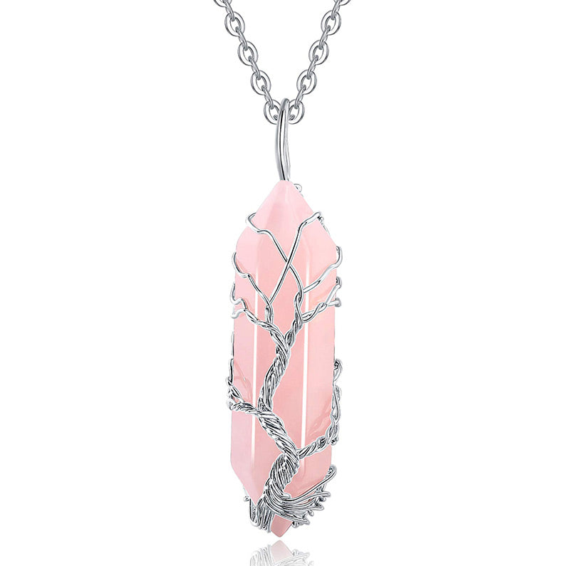 Stylish Crystal with Tree of Life Gemstone Necklace - Elara-Rose quartz-Nora Luxe