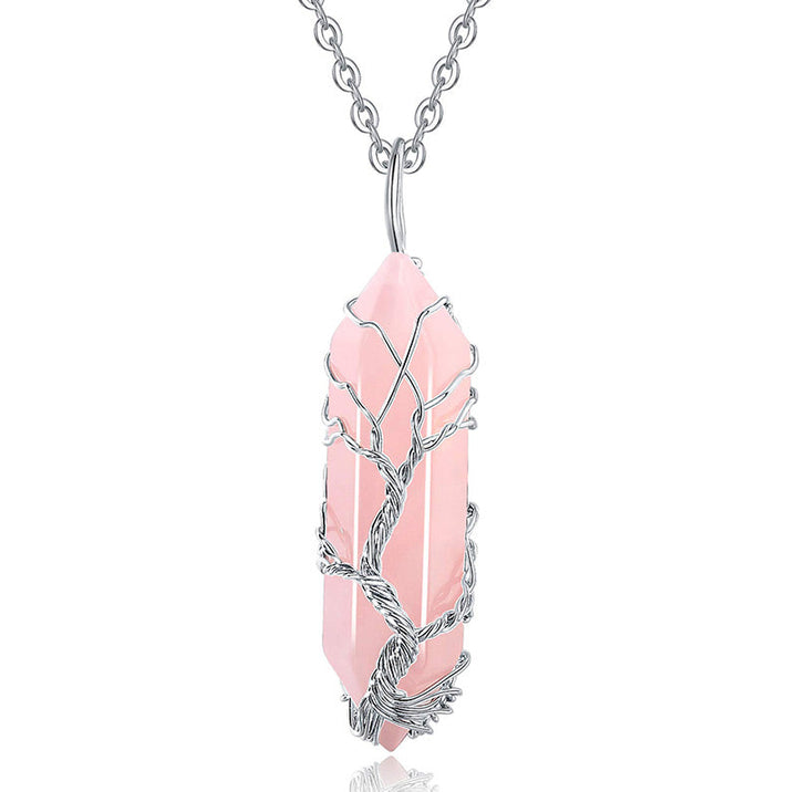Stylish Crystal with Tree of Life Gemstone Necklace - Elara-Rose quartz-Nora Luxe