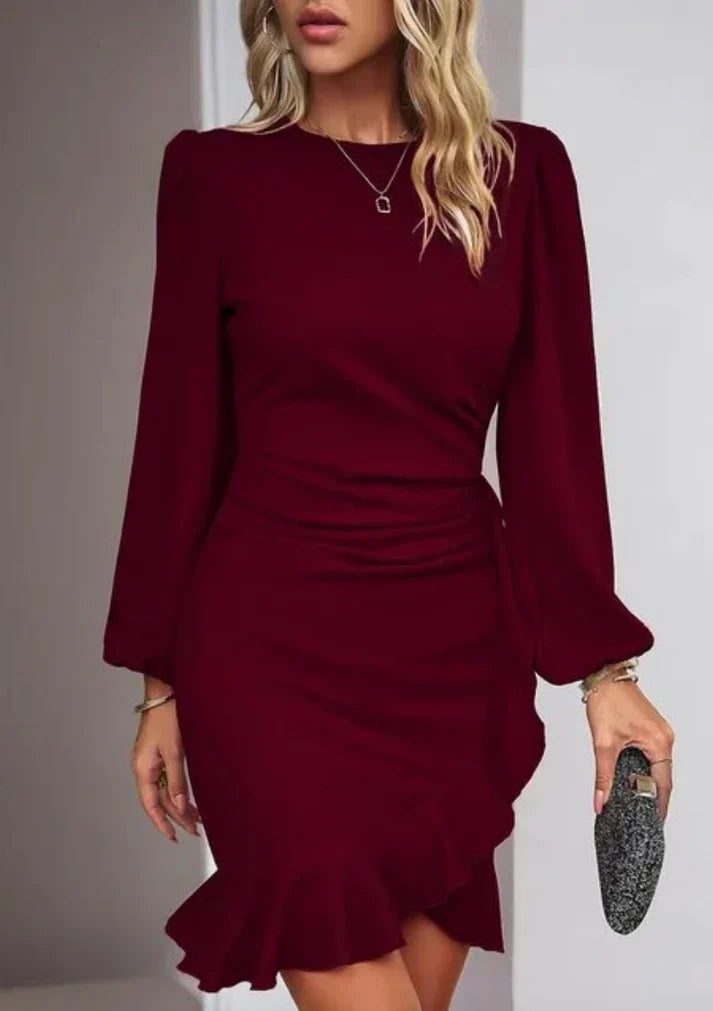Stylish Dress with Long Sleeves - Elise-Bordeaux red-S-Nora Luxe