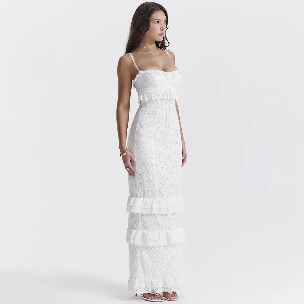 Stylish Embroidered Camisole Maxi Dress in White - Alina-XS-Nora Luxe