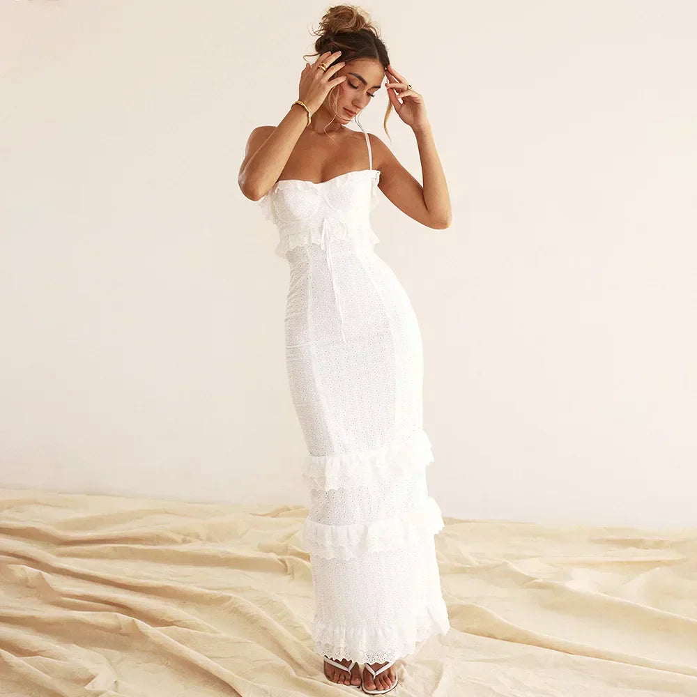 Stylish Embroidered Camisole Maxi Dress in White - Alina-XS-Nora Luxe