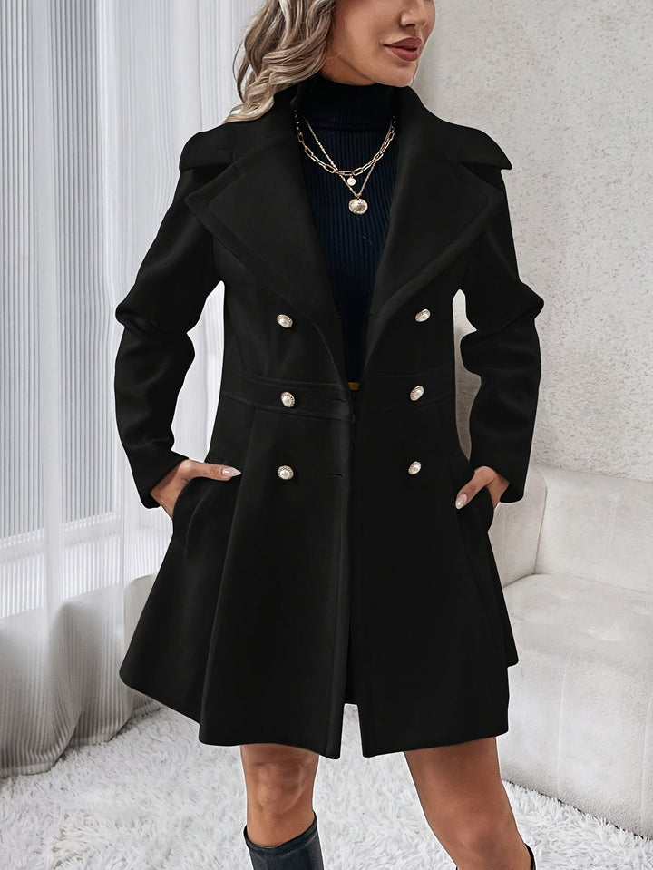 Stylish Flare Coat with Double-Breasted Buttons - Isadora-Black-S-Nora Luxe