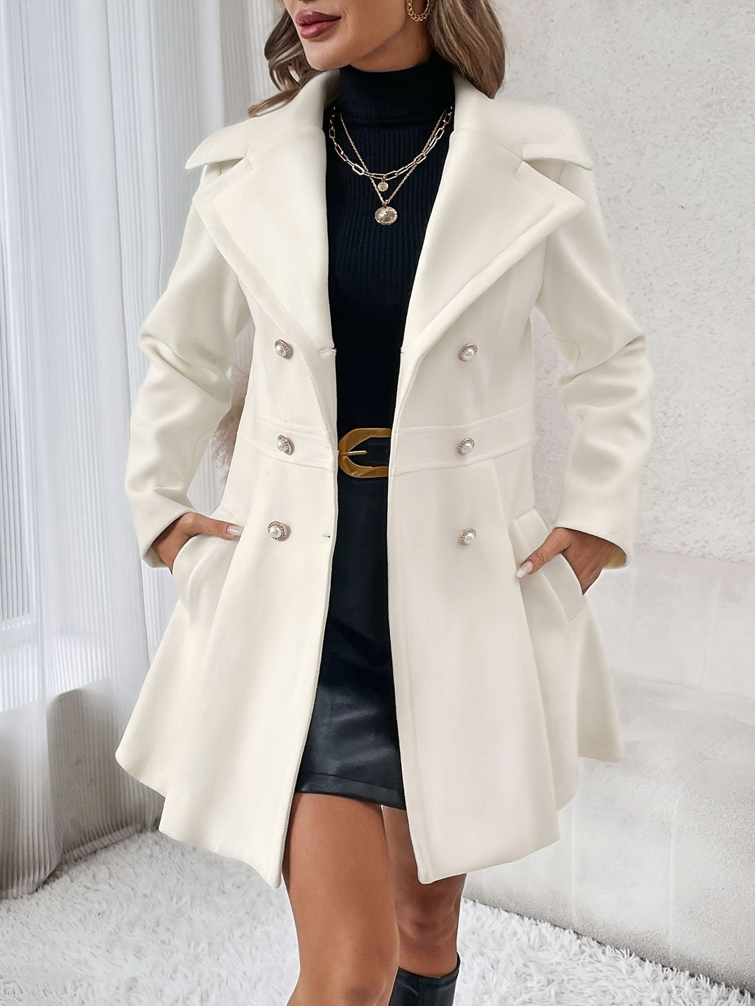 Stylish Flare Coat with Double-Breasted Buttons - Isadora-White-S-Nora Luxe
