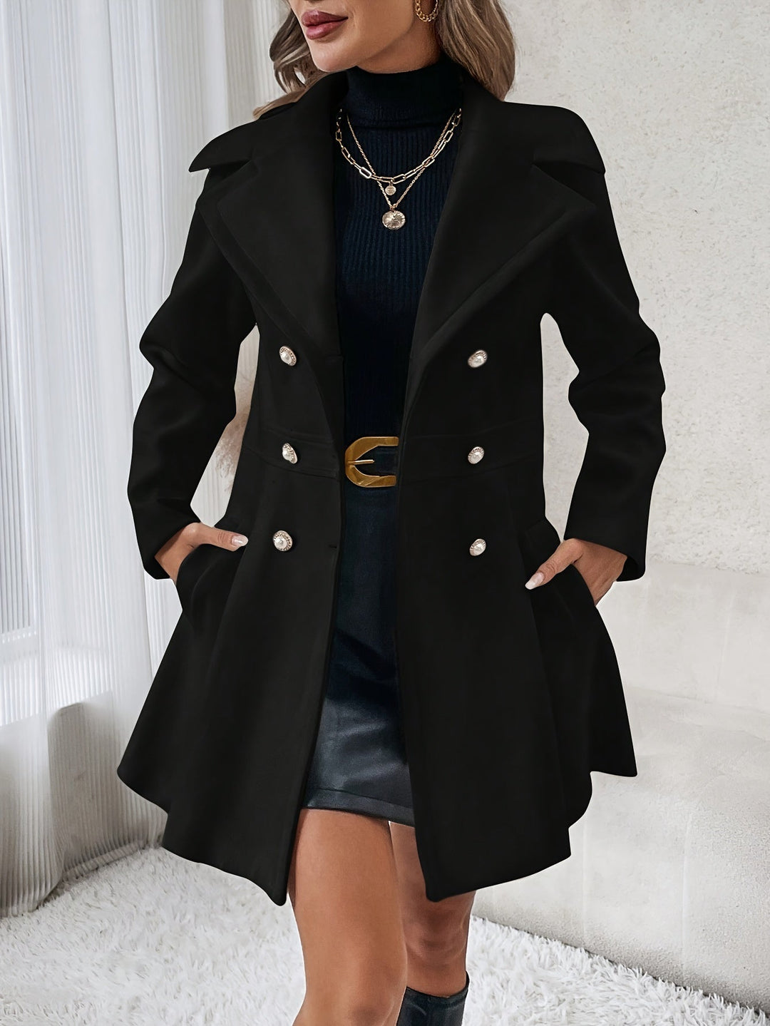 Stylish Flare Coat with Double-Breasted Buttons - Isadora-White-S-Nora Luxe