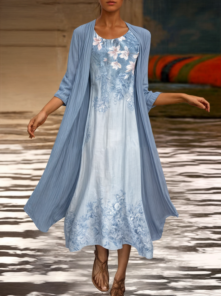 Stylish Floral A-Line Dress with Waistcoat for Women – Miray-Blue Star-M-Nora Luxe