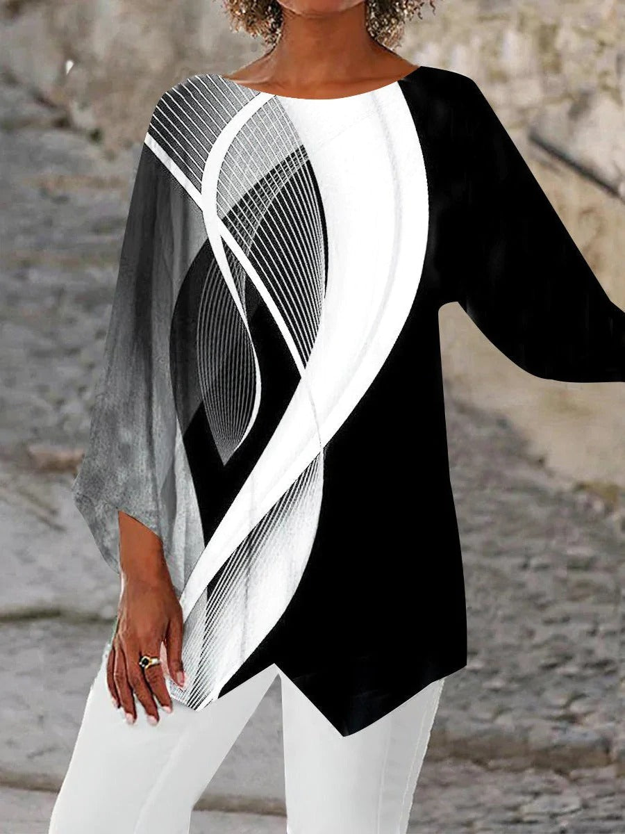 Stylish Geometric Tunic with Long Sleeves - Aurora-Black and White-S-Nora Luxe