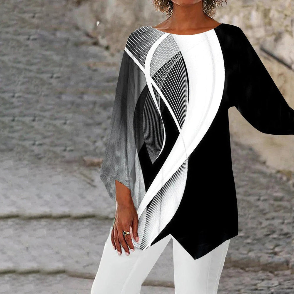 Stylish Geometric Tunic with Long Sleeves - Aurora-Black and White-S-Nora Luxe