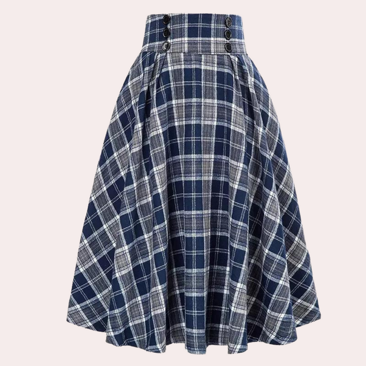 Stylish High-Waist A-Line Skirt with Check Pattern - Maëlle-Blue-XS-Nora Luxe