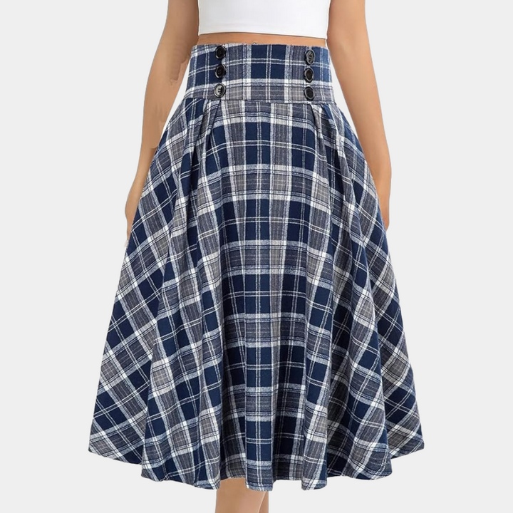 Stylish High-Waist A-Line Skirt with Check Pattern - Maëlle-Brown-XS-Nora Luxe
