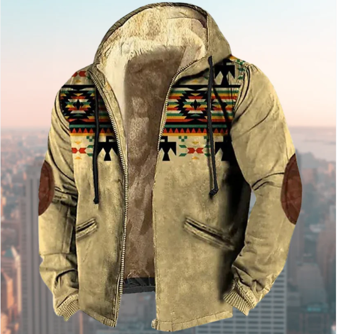 Stylish Jacket with Indigenous Print - Liam-Khaki-XS-Nora Luxe