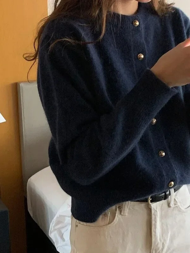 Stylish Knitted Cardigan with O-neck - Sophie-Marine blue-S-Nora Luxe