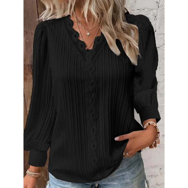 Stylish ladies' blouse with a V-neck & long sleeves – Alvara-Black-S-Nora Luxe