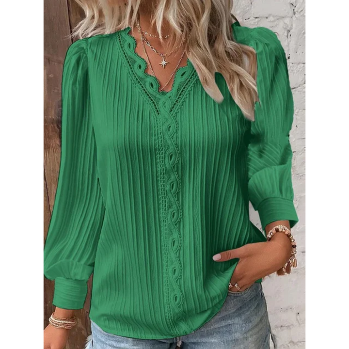 Stylish ladies' blouse with a V-neck & long sleeves – Alvara-Green-S-Nora Luxe