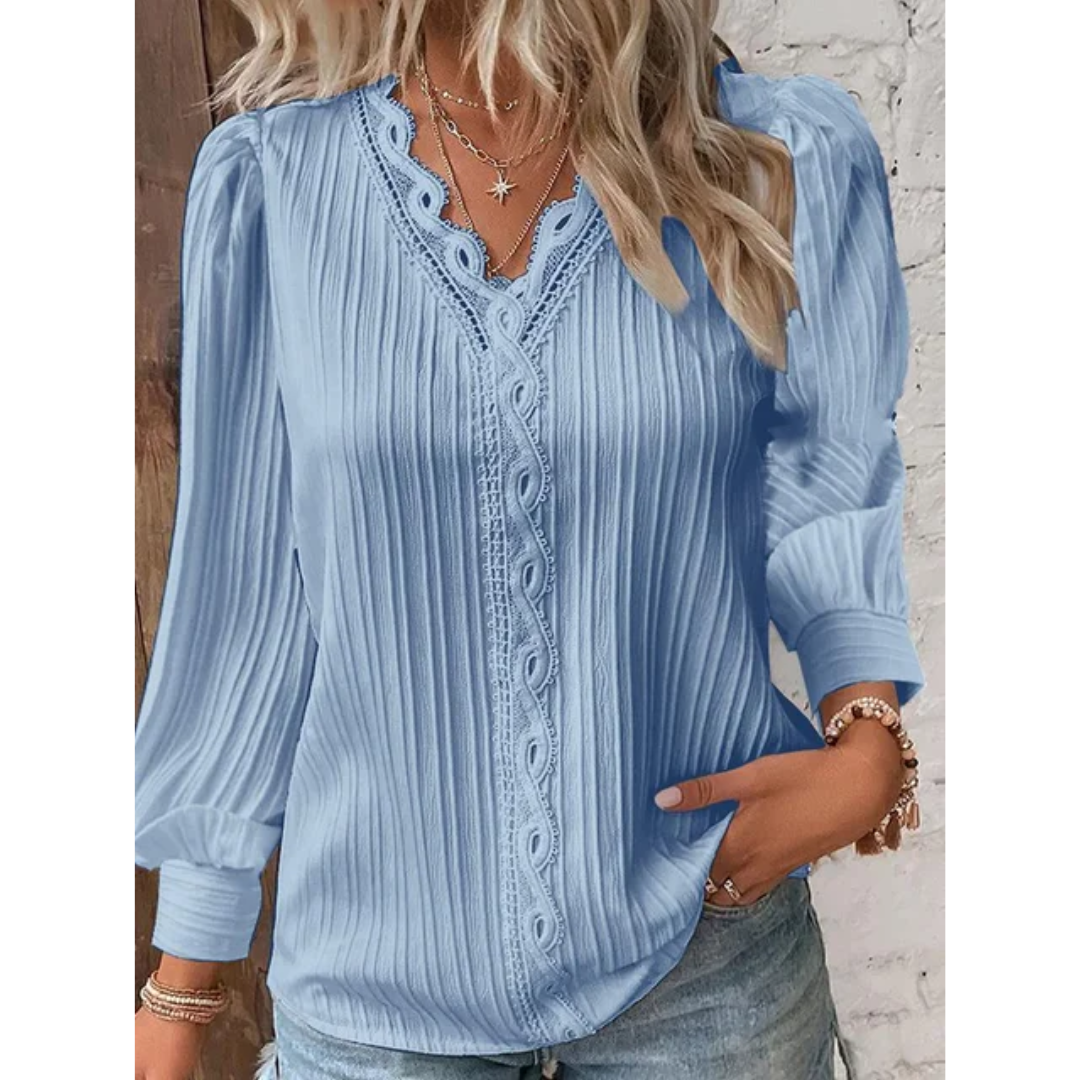 Stylish ladies' blouse with a V-neck & long sleeves – Alvara-Light blue-S-Nora Luxe