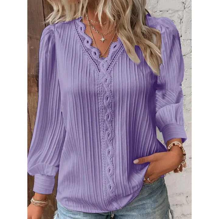 Stylish ladies' blouse with a V-neck & long sleeves – Alvara-Purple-S-Nora Luxe