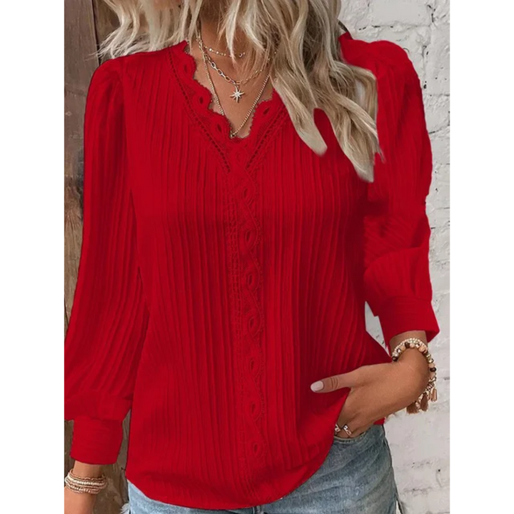 Stylish ladies' blouse with a V-neck & long sleeves – Alvara-Red-S-Nora Luxe
