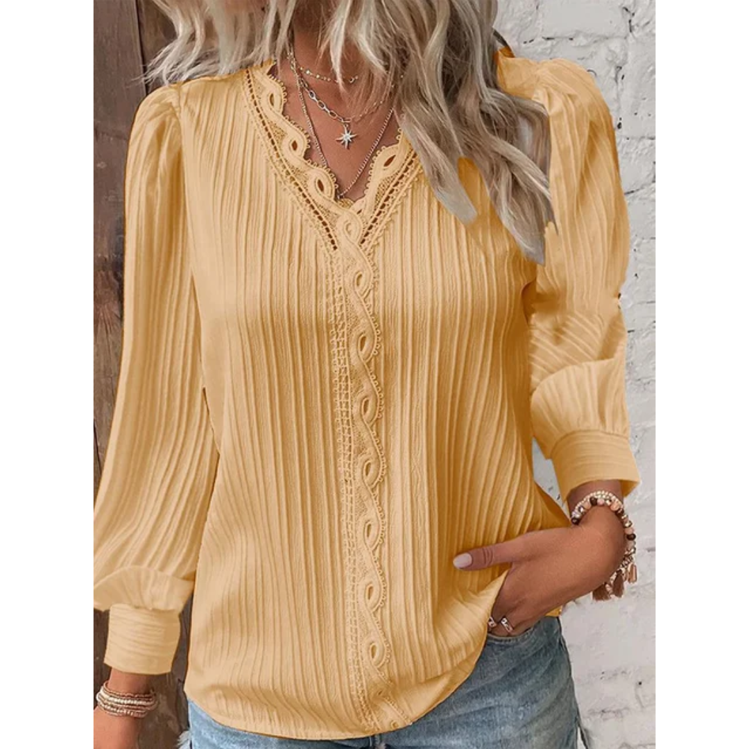 Stylish ladies' blouse with a V-neck & long sleeves – Alvara-Yellow-S-Nora Luxe