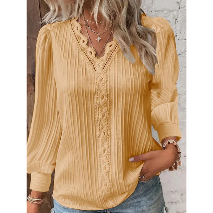Stylish ladies' blouse with a V-neck & long sleeves – Alvara-Yellow-S-Nora Luxe