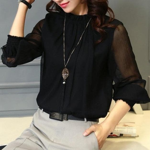 Stylish ladies' chiffon blouse with ruffles & transparent sleeves – Elina-Black-S-Nora Luxe