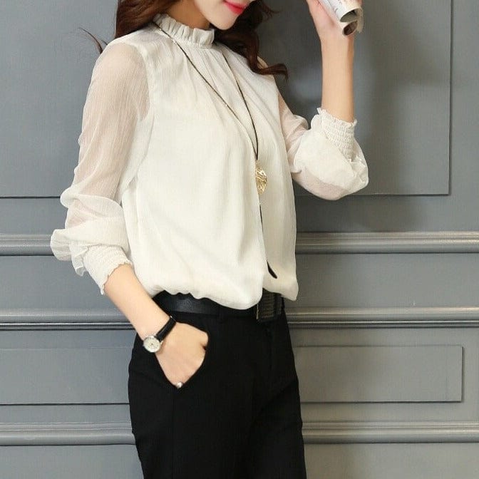 Stylish ladies' chiffon blouse with ruffles & transparent sleeves – Elina-Green-S-Nora Luxe