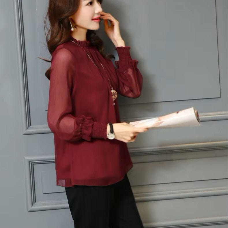 Stylish ladies' chiffon blouse with ruffles & transparent sleeves – Elina-Green-S-Nora Luxe