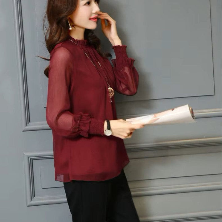 Stylish ladies' chiffon blouse with ruffles & transparent sleeves – Elina-Green-S-Nora Luxe