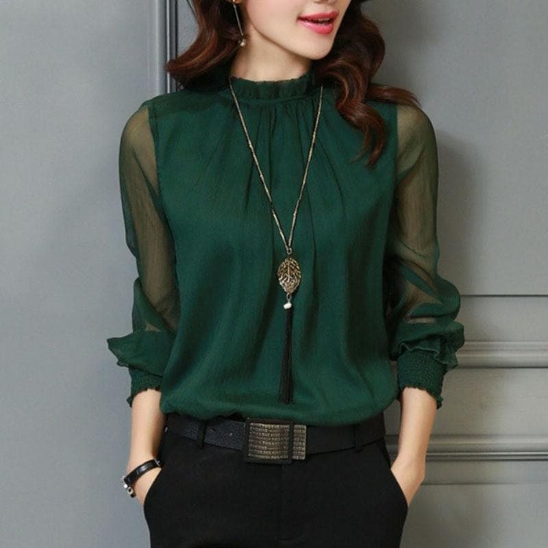 Stylish ladies' chiffon blouse with ruffles & transparent sleeves – Elina-Green-S-Nora Luxe