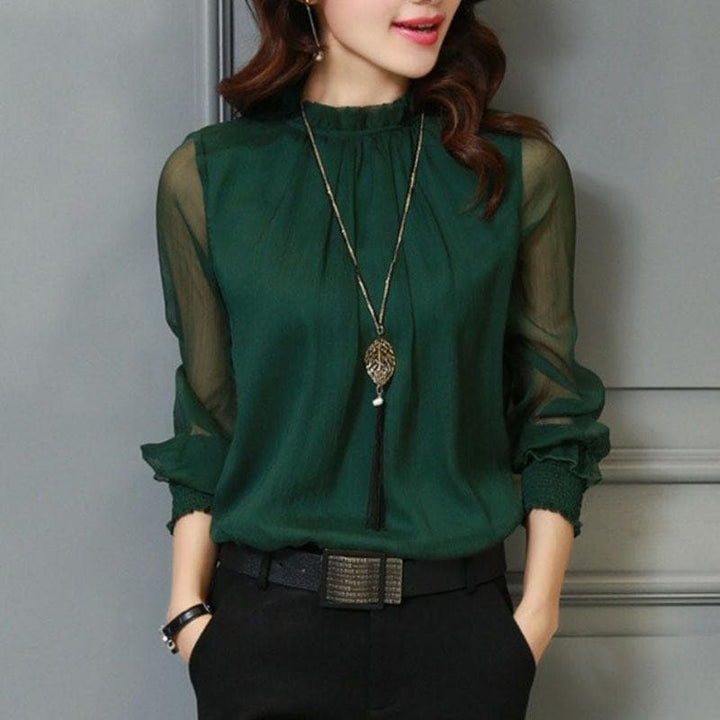 Stylish ladies' chiffon blouse with ruffles & transparent sleeves – Elina-Green-S-Nora Luxe