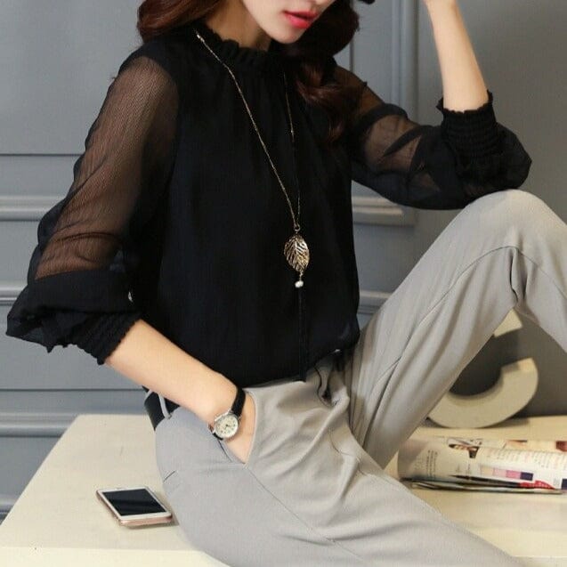 Stylish ladies' chiffon blouse with ruffles & transparent sleeves – Elina-Green-S-Nora Luxe