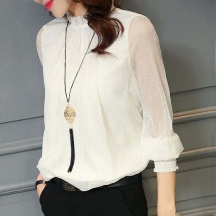 Stylish ladies' chiffon blouse with ruffles & transparent sleeves – Elina-White-S-Nora Luxe