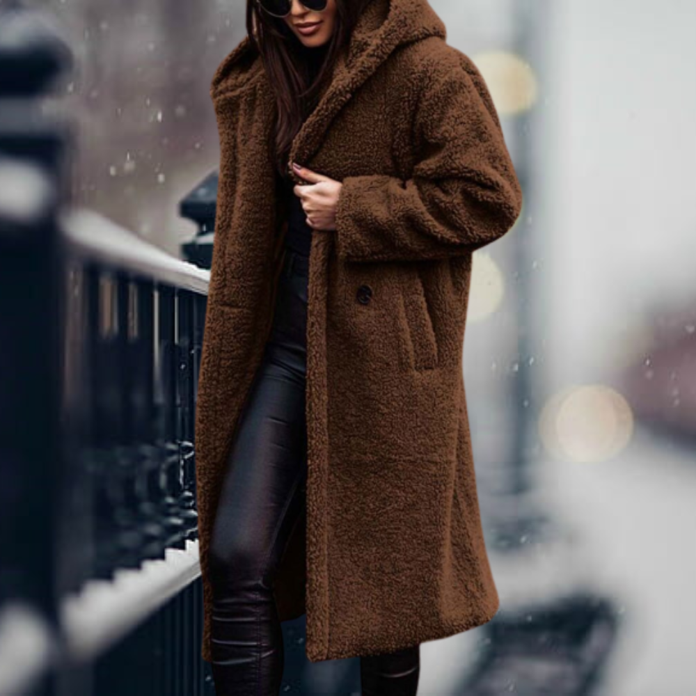 Stylish Ladies Faux Fur Coat with Hood - Vivienne-Brown-S-Nora Luxe