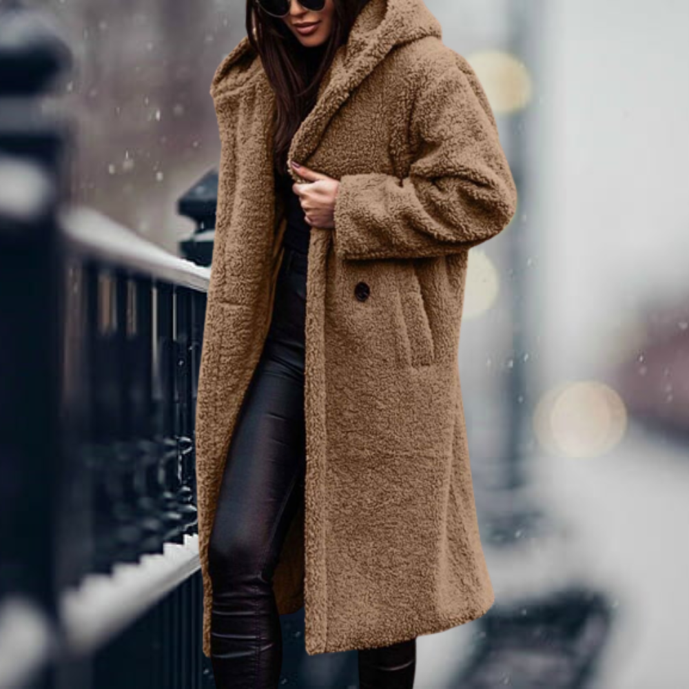 Stylish Ladies Faux Fur Coat with Hood - Vivienne-Camel-S-Nora Luxe