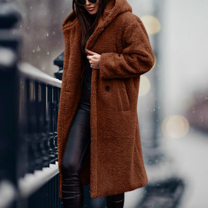 Stylish Ladies Faux Fur Coat with Hood - Vivienne-Chestnut Brown-S-Nora Luxe