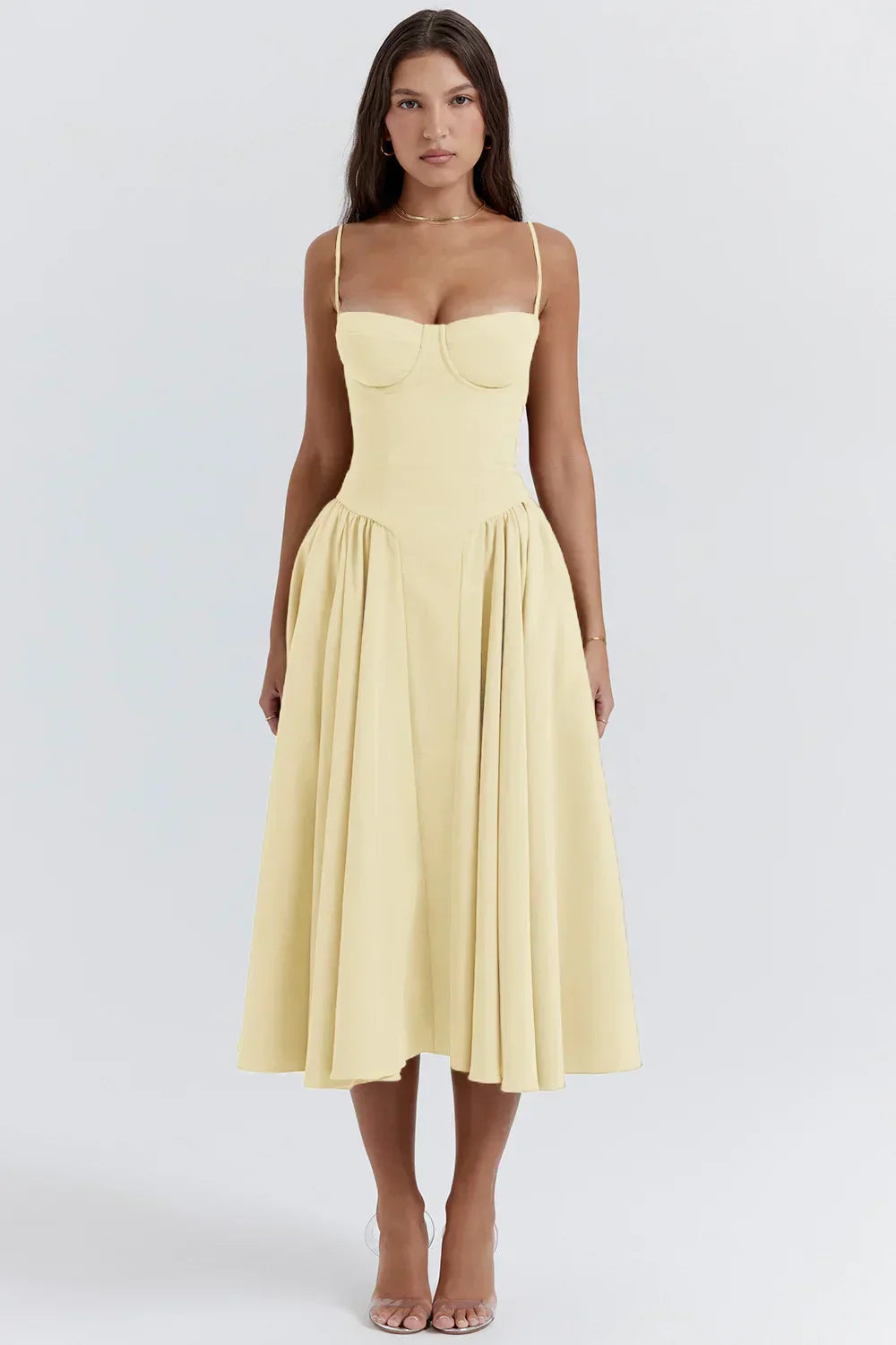 Stylish ladies' summer dress with spaghetti straps & waist corset – Mira-Yellow-S-Nora Luxe