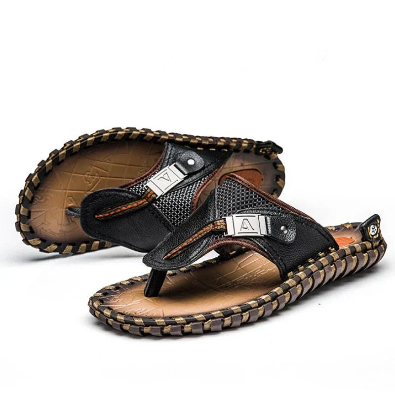 Stylish Leather Flip-Flops - Levi-Black-5.0-Nora Luxe