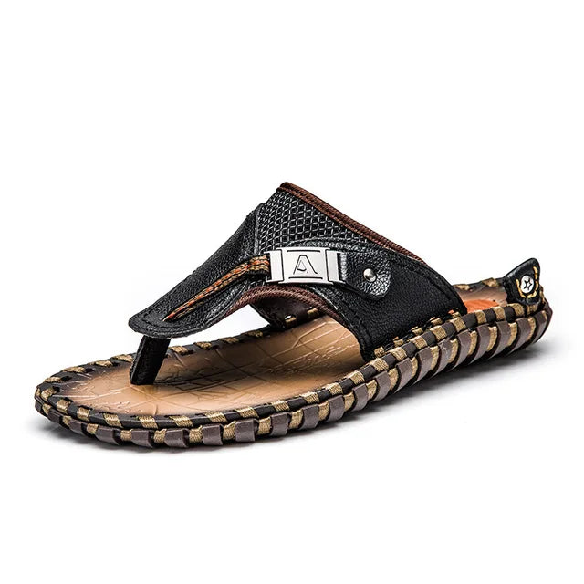 Stylish Leather Flip-Flops - Levi-Black-5.0-Nora Luxe