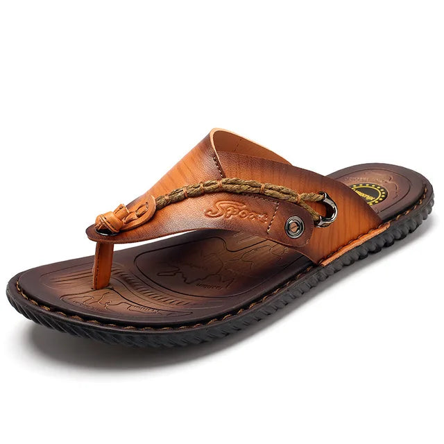 Stylish Leather Flip-Flops - Levi-Khaki-5.0-Nora Luxe
