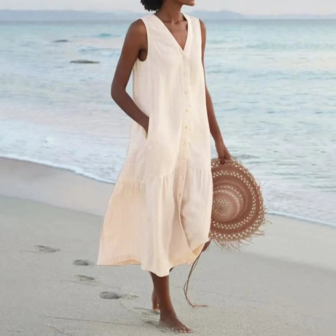 Stylish Linen Dress with V-Neck - Elara-Brown-S-Nora Luxe