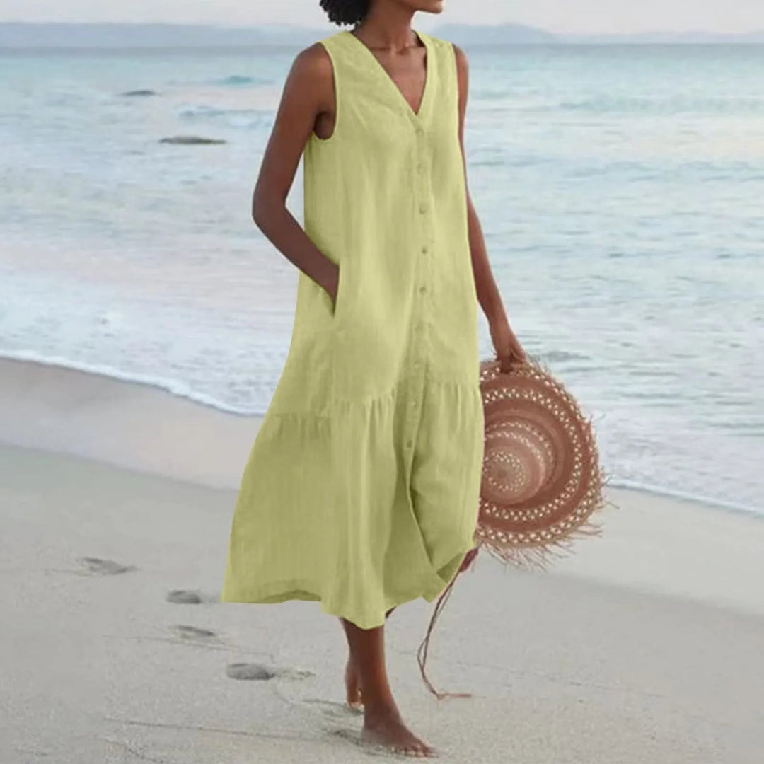 Stylish Linen Dress with V-Neck - Elara-Green-S-Nora Luxe