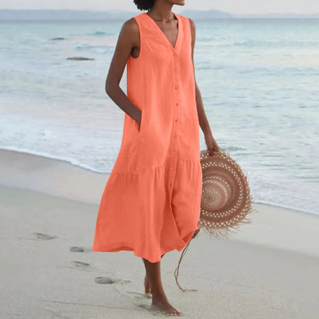 Stylish Linen Dress with V-Neck - Elara-Orange-S-Nora Luxe